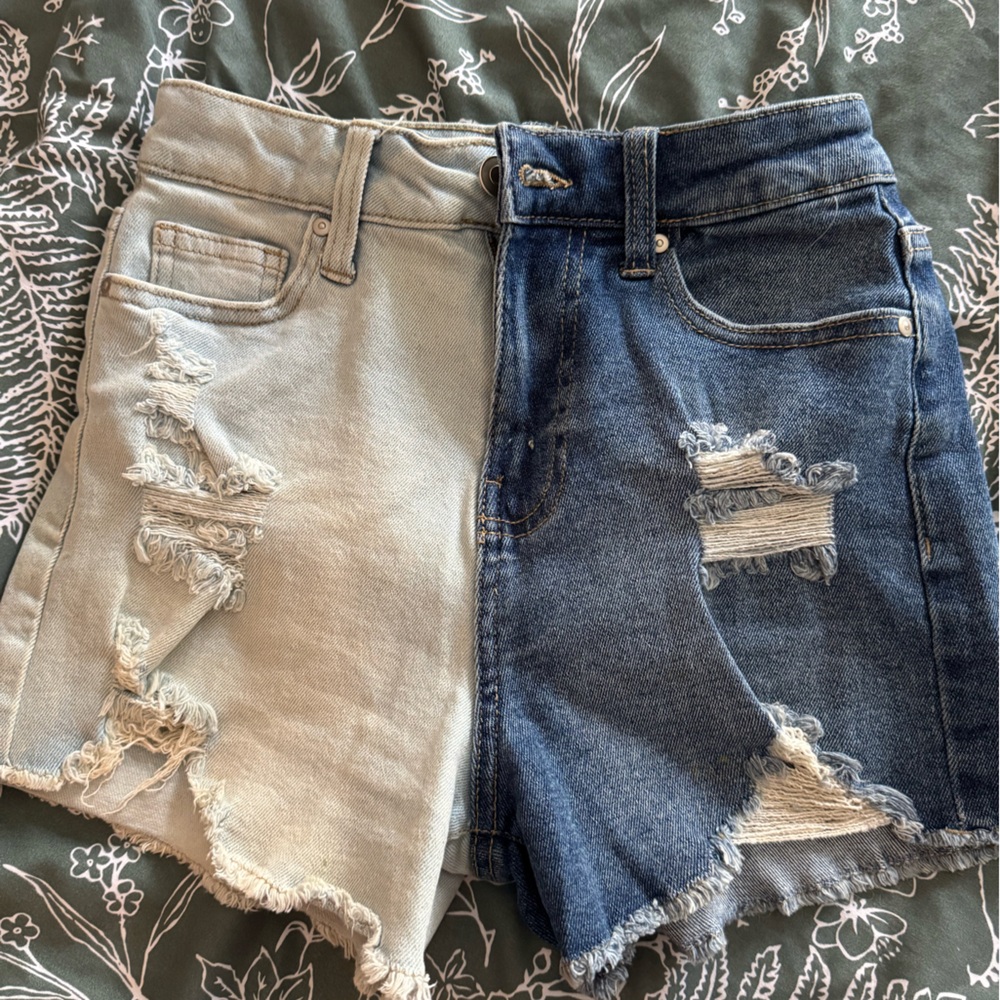 Two-toned Distressed Denim Shorts